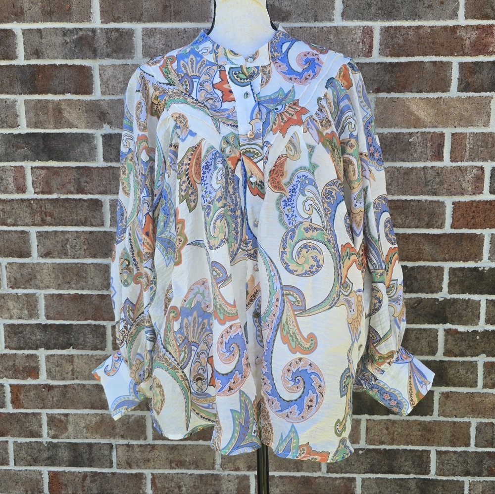 Paisley Print Boho Blouse Women’s Button Front Balloon Sleeve Lightweight
